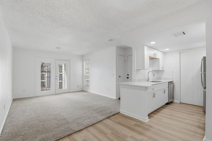 Modern apartment interior featuring a bright living area with plush carpet, elegant kitchen with stainless steel appliances, and charming balcony access.