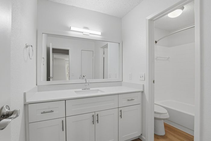 Bright and modern bathroom with a sleek vanity, large mirror, and inviting bathtub, perfect for relaxation.
