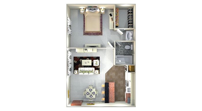 Apartment floor plan showcasing an open-concept living area, modern kitchen, and cozy dining space.