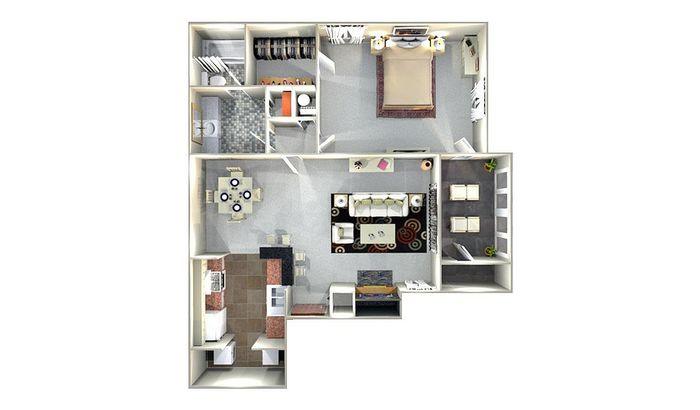 Contemporary 2D floor plan showcasing a single bedroom, open living space, modern kitchen, and a cozy dining area.