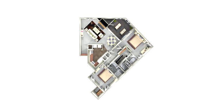 Modern apartment floor plan showcasing a spacious living area, two stylish bedrooms, and a functional kitchen with sleek designs.