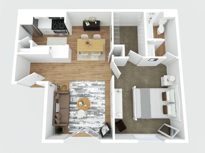 Chic 3D floor plan with a modern kitchen, open dining area, cozy living room, and spacious bedroom, perfect for comfortable living.