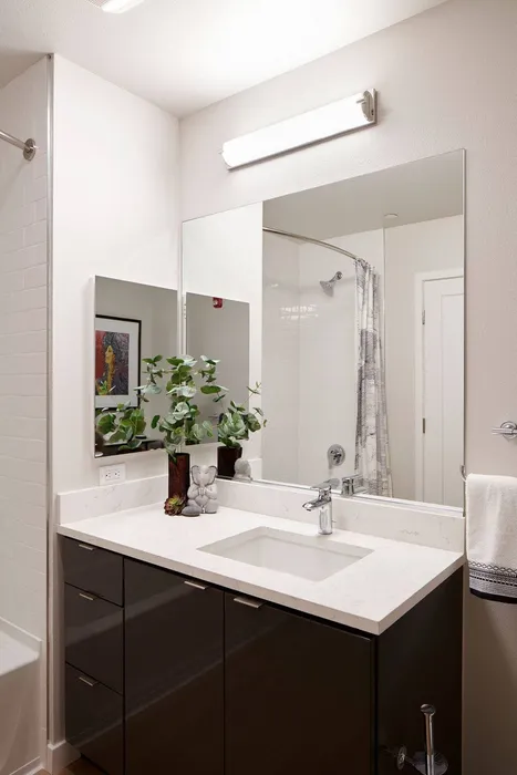 Bathroom vanity mirror with minimalistic lighting and quartz countertops in a Modera Berkeley apartment.