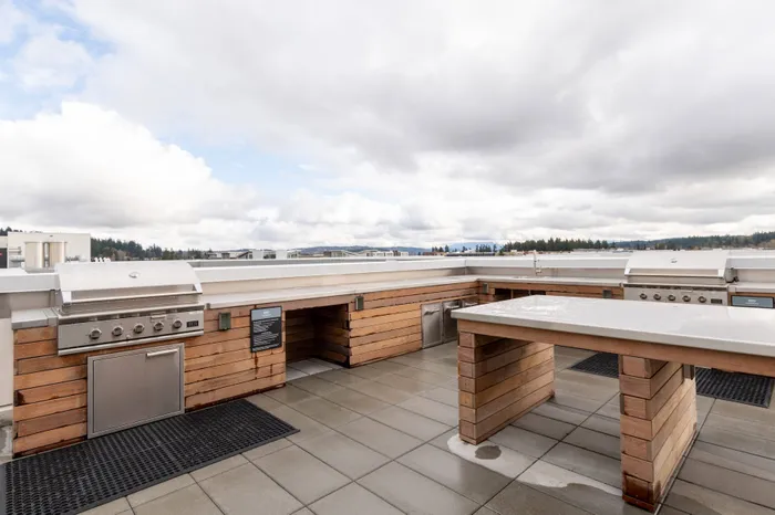 Rooftop grilling station with large counters  at Modera River Trail apartments.
