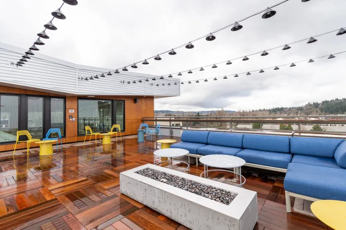Rooftop fire pit and lounge seating under lights  at Modera River Trail apartments.