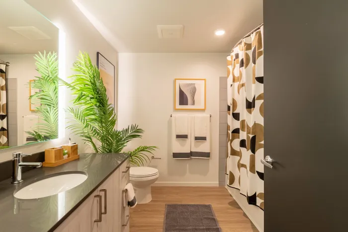 Bathroom with geometric decor and a plant in an apartment at Modera River Trail.