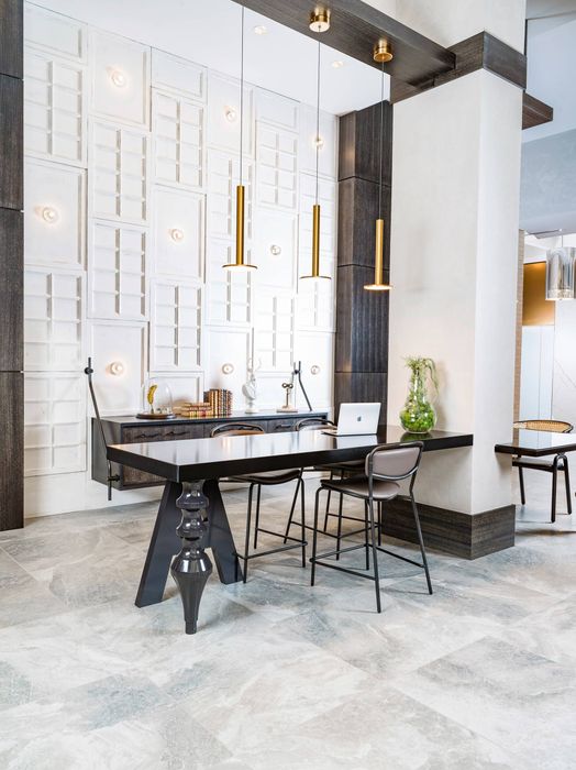 Luxury Leasing Office with Gold Pendant Lights