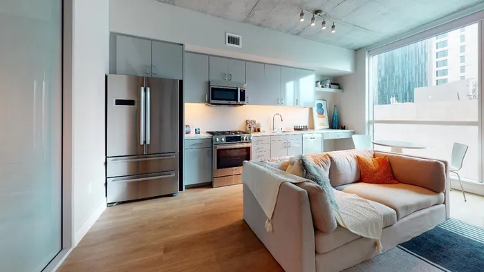 kitchen and living room  at Modera Rincon Hill apartments.