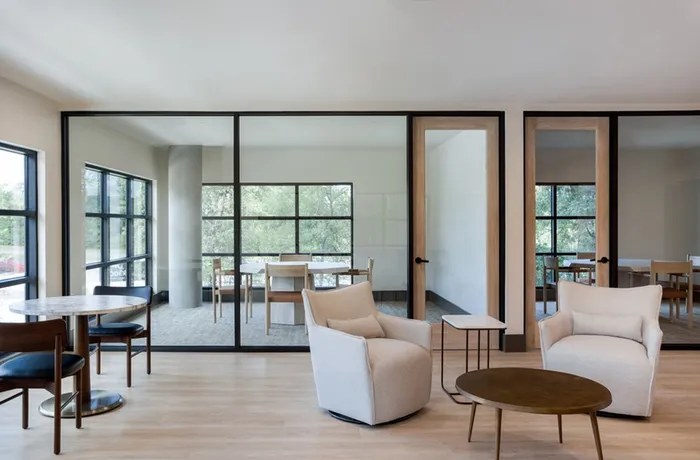 2-Level Co-Working Space with Private Offices, Breakout Rooms, Conference Room + Printer at Modera Six Pines apartments.
