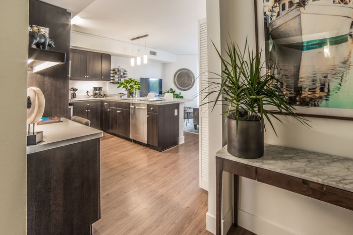 Open floor plan Layout with Modern kitchen with dark cabinets and quartz countertops at the Arroyo Residences in Walnut Creek