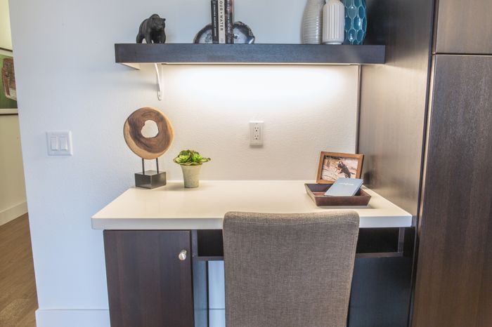 Built-in desk space with lighting for home office at the Arroyo Residences in Walnut Creek