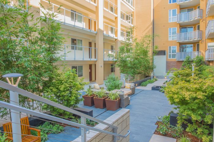 outdoor courtyard green space amenity with zen garden at the arroyo residences in walnut creek