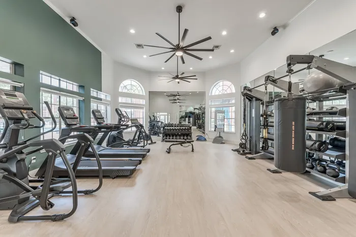 club-quality gym with large windows and high-end finishes and equipment at Alister Galleria apartments in houston texas