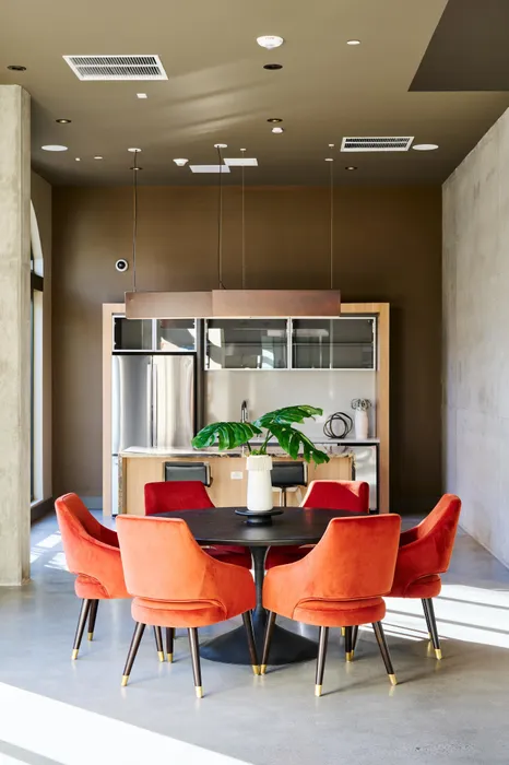 round table seating with prep kitchen at Modera Berkeley apartments California