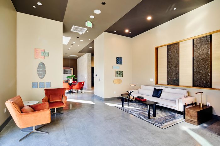 common space with business lounge at Modera Berkeley apartments California