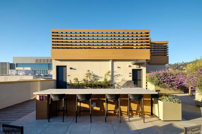 bar seating and dining space at Modera Berkeley apartments California