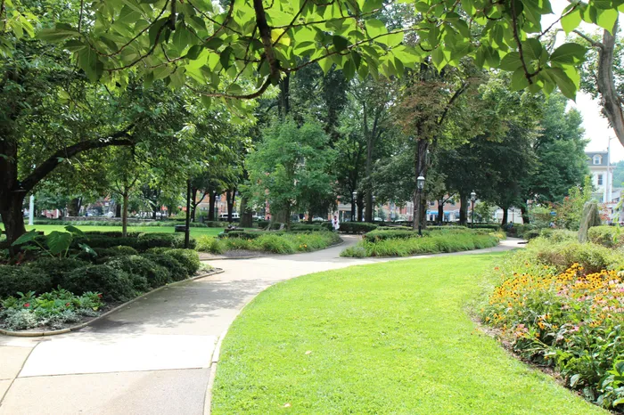 rec trail lined with trees and beautiful gardening