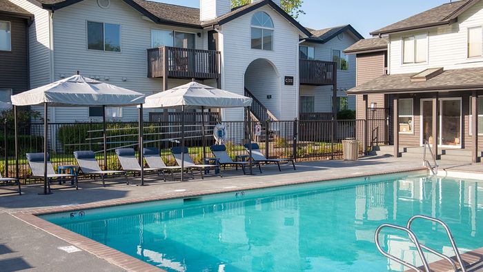 Poolside chaise loungers with optional shade