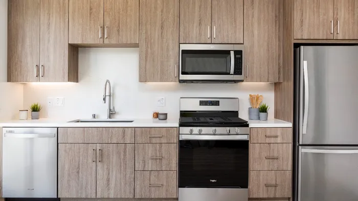 Ash Brown Kitchen Option with large moveable island, Modern Cabinets, Stainless Steel Appliances, quartz countertops and backsplash
