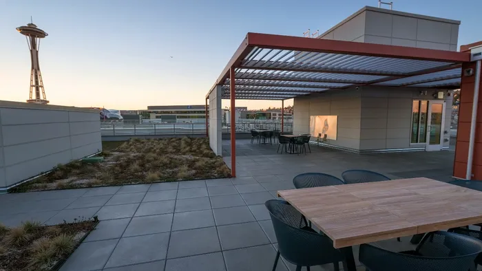 Rooftop dining with view of The Space Needle