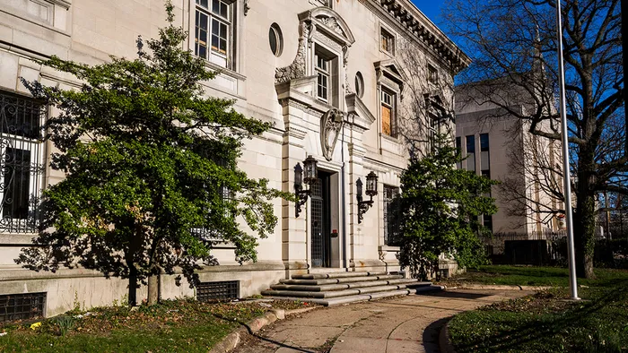 Exterior of leasing office featuring original architecture of the Italian Embassy