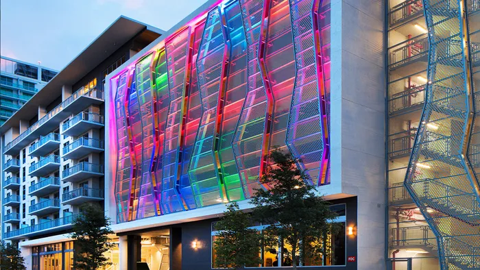 Exterior Night Shot with Multi-Colored Lighting