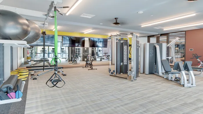 Large fitness center with free weights and weight machines