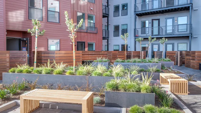 Paved Outdoor Courtyard with Benches and Greenscape