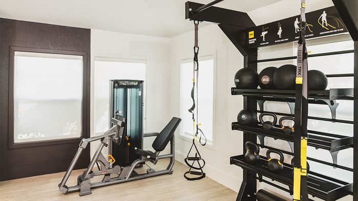 Fitness center with medicine balls and resistance bands