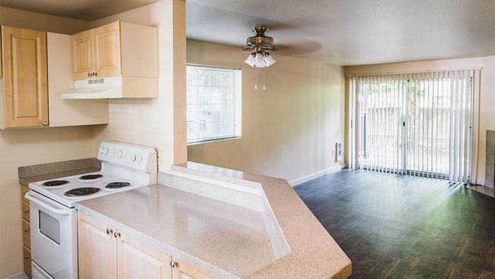 Open floor plan from kitchen looking into living room with wood-plank style flooring