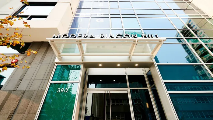 Are you ready to live the Modera life? Entrance at Modera Rincon Hill apartments.