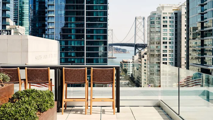 Stunning view of bay bridge from rooftop terrace at Modera Rincon Hill apartments.
