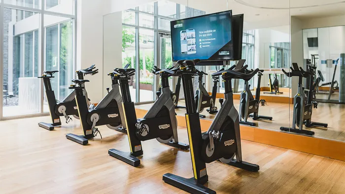 Spin bikes in spin room facing mirrors
