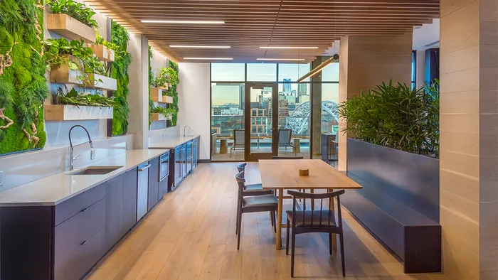 Clubroom with moss wall dining areas and gorgeous views of Denver