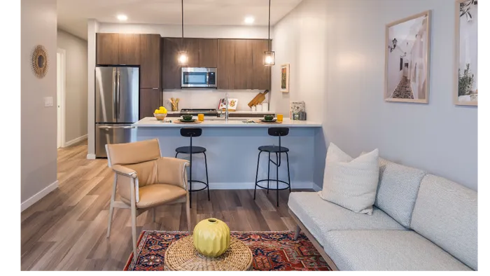 Spacious Living Room and kitchen with Quartz counters, porcelain tile backsplashes, custom 42” cabinets with soft close doors, and under cabinet lighting