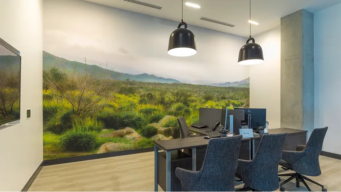 Work From Home in our Glass-Walled Conference Room with 2 Workstations and a Large Display Screen