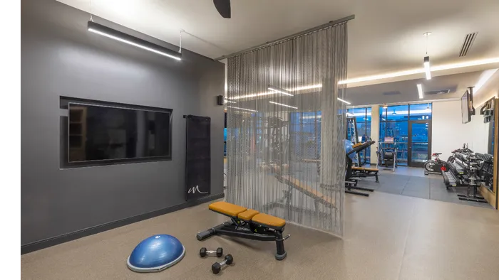 Club Quality Fitness Center with Large Flatscreen Displays, Weight Machines, and Cardio Equipment