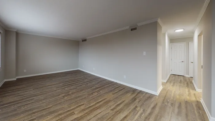 Open living room with wood-plank style flooring