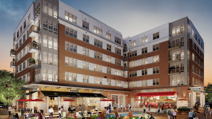 VERSO Founders Row exterior image showing all 6 floors including retail space on bottom floor, and resident hangout space