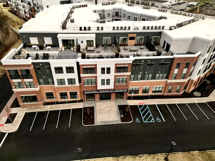 aerial shot of exterior amenity space at modera berkeley heights apartments in new jersey