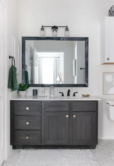 serene bathroom with large mirror and high-end cabinetry at alister oak hill apartments austin texas