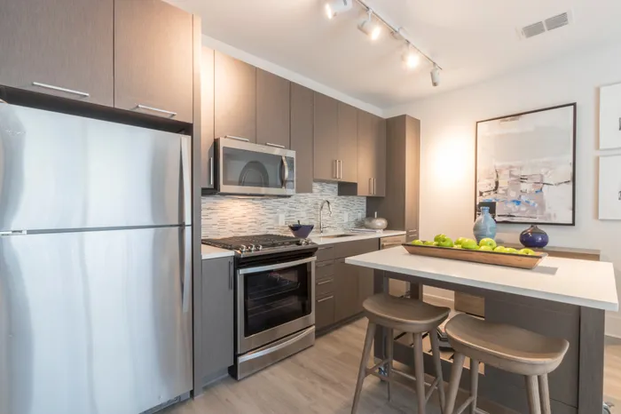 chef-inspired kitchen with stainless steel appliances at Modera Midtown apartment homes in atlanta georgia