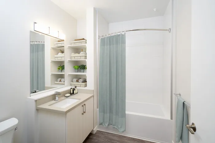 tasteful and clean bathroom with bathtub at modera jack london square apartment homes for rent in oakland california