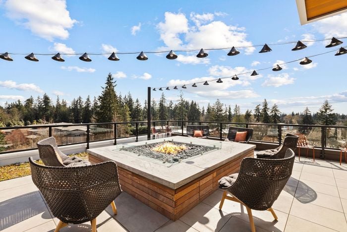 Rooftop fire pit with string lights and tons of seating
