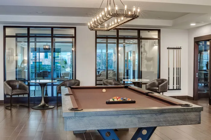 pool table in game room overlooking courtyard