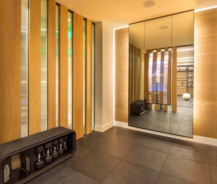 well lit fitness center space with dumbells and mirror modera cherry creek apartment homes for rent in denver colorado