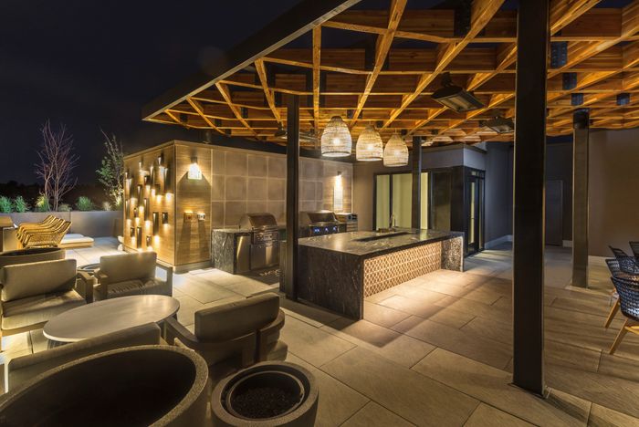 bbq area with demonstration kitchen modera cherry creek apartment homes for rent in denver colorado