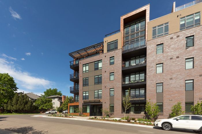 street level view of exterior modera cherry creek apartment homes for rent in denver colorado
