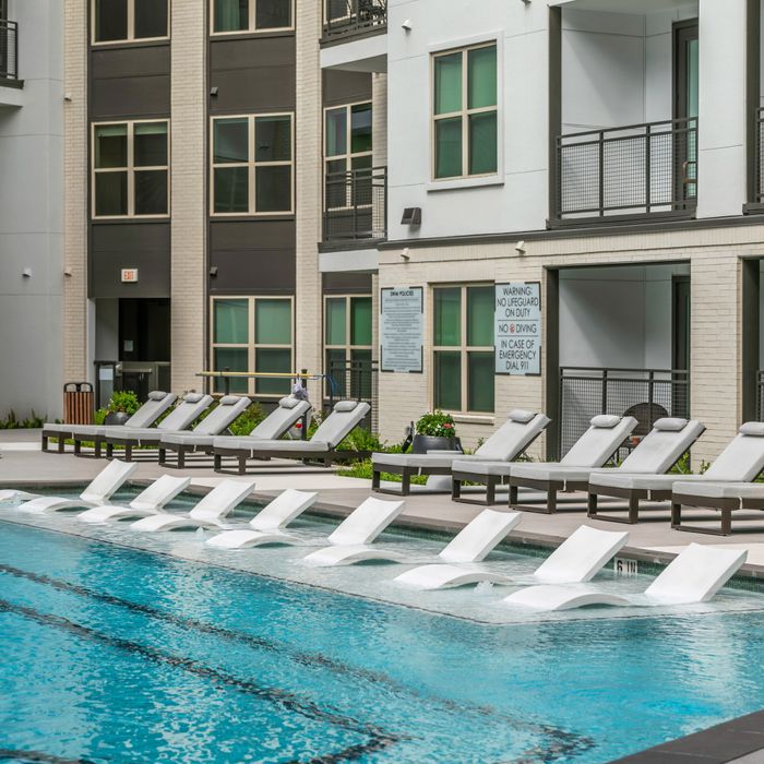 sunledge lounge chairs in swimming pool at modera six pines apartment homes for rent in shenandoah texas