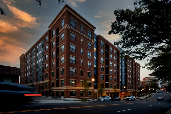 exterior of Modera Clarendon at dusk